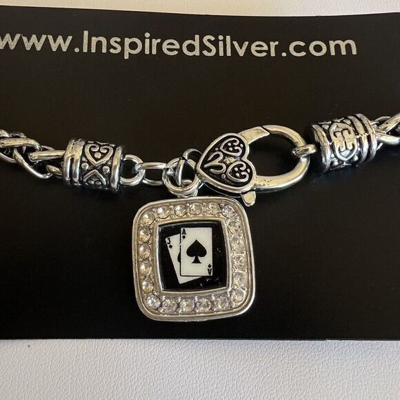 Silver Plated Blackjack Square Charm Braided Bracelet Cubic Zirconia 7.5 in‎ - Picture 13 of 13